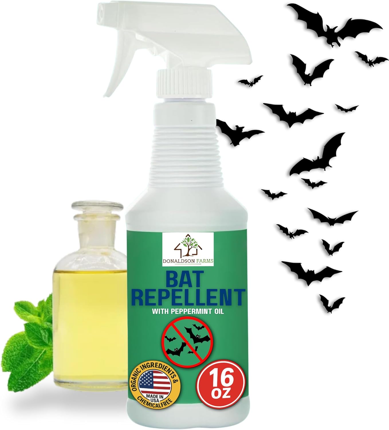 Donaldson Farms Bat Repellent Spray – Indoor and Outdoor Deterrent to Drive Bats Away from Nesting – Easy Application, Compatible with Any Outdoor Area – Suitable for Attic, Homes, and Barns – 16oz