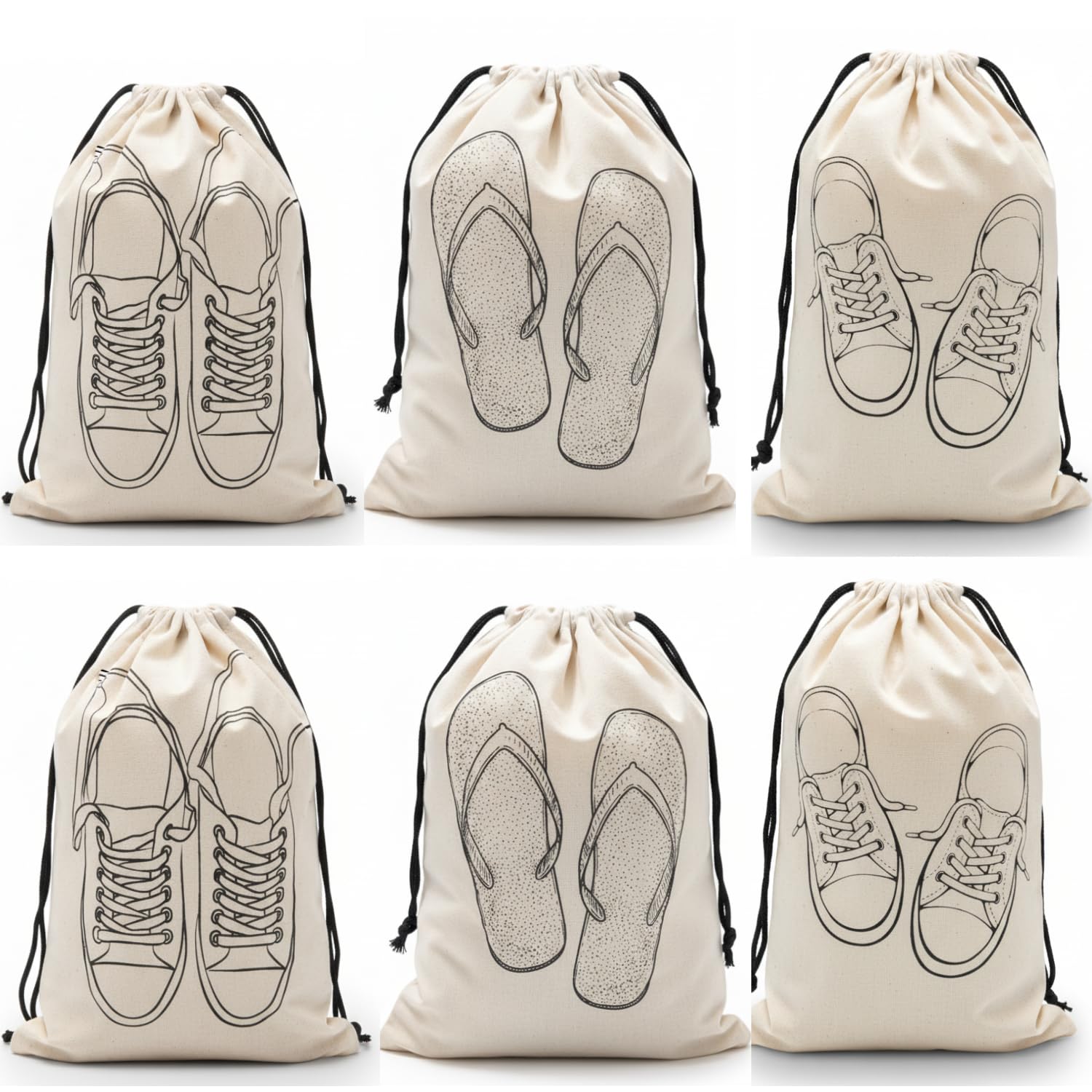 Pink Sparrow Cotton Fabric Shoe Covers with Drawstring Closure (Pack of 6, 16x10 Inch) Reusable & Washable Sandels/Travel Pouches, Handcrafted Doodle Shoes Bags, Footwear Storage Pouch, Off-White-image-1
