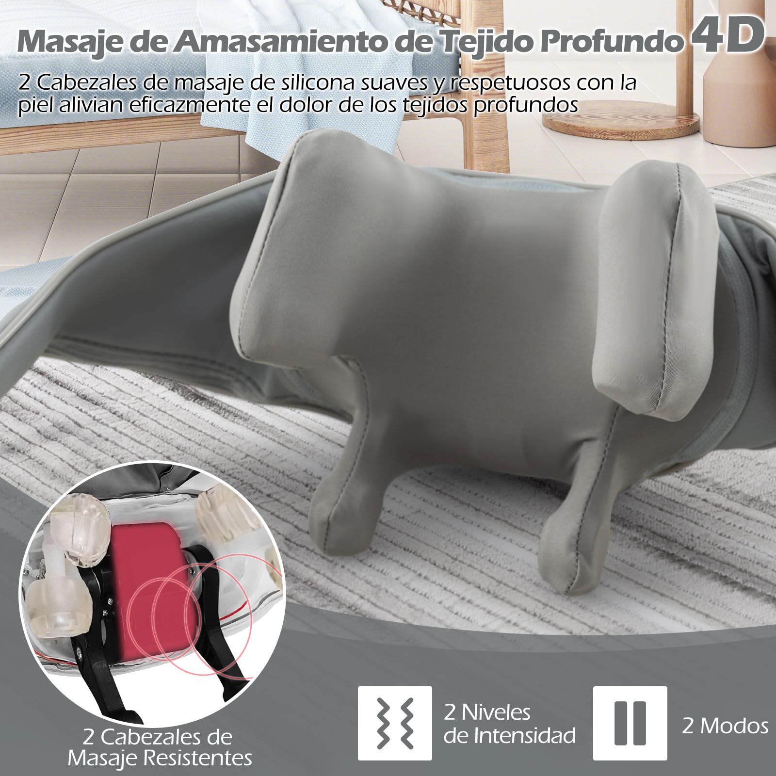 COSTWAY Masajeador de Cuello y Hombros, Masajeador Cervical con 2 Niveles de Calor, Máquina de Masaje Shiatsu de Amasamiento de Tejido Profundo con Almohada Masajeadora (Gris)