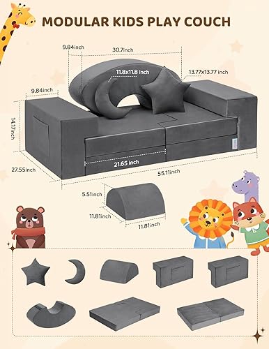 Miniatura 8 de Kidirect 2024 - Sofá modular de 11 piezas para niños, sofá de construcción de fortaleza, rebote instantáneo de 10s, sofá de espuma para niños, sofá