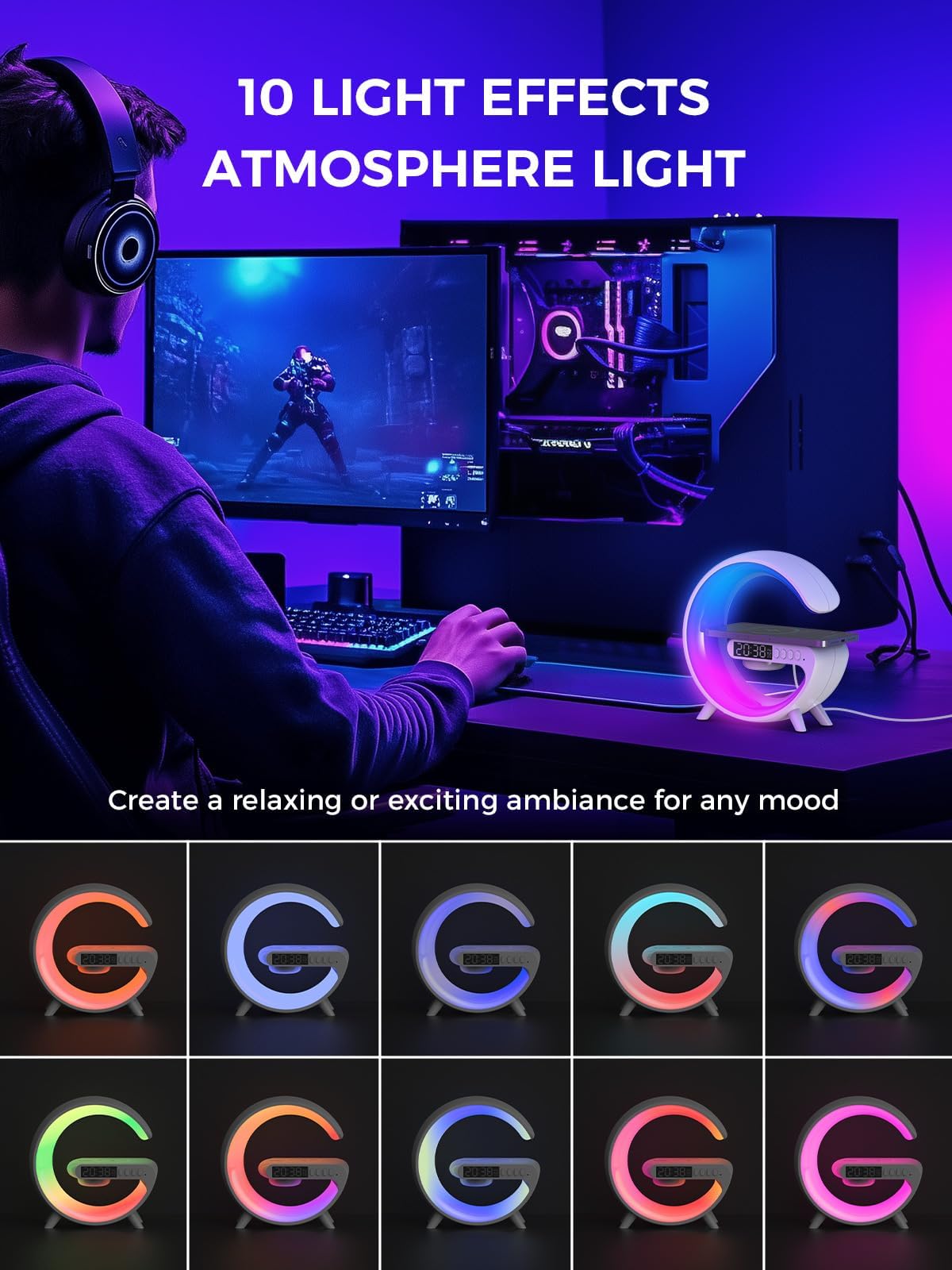 Smiling Shark Despertador Luz, Atmósfera Lampara Cargador Inalámbrico con Altavoz Bluetooth Botón Control 10 Modo de Luz Amanecer Simulación Inteligente LED Luces de Despertador para Decoración Hogar