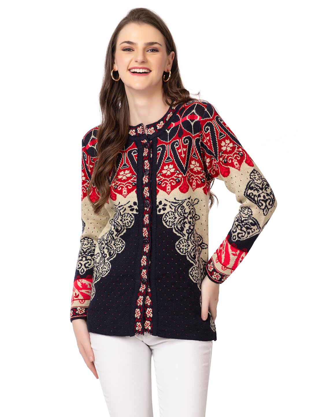 Dadu Dayal Women Woolen Round-Neck Cardigan Heavy Daffodil Fabric Cardigan Winter Wear Wool Cardigan for Women Free Size Long Fully Warm Cardigans