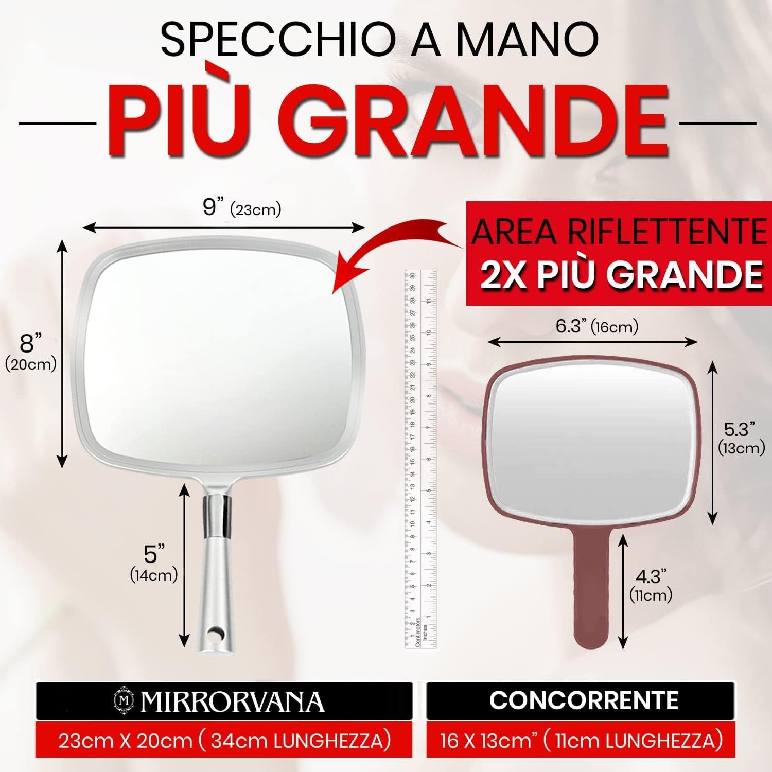 Mirrorvana Specchio a mano portatile grande per trucco con manico ergonomico - specchio cosmetico argento