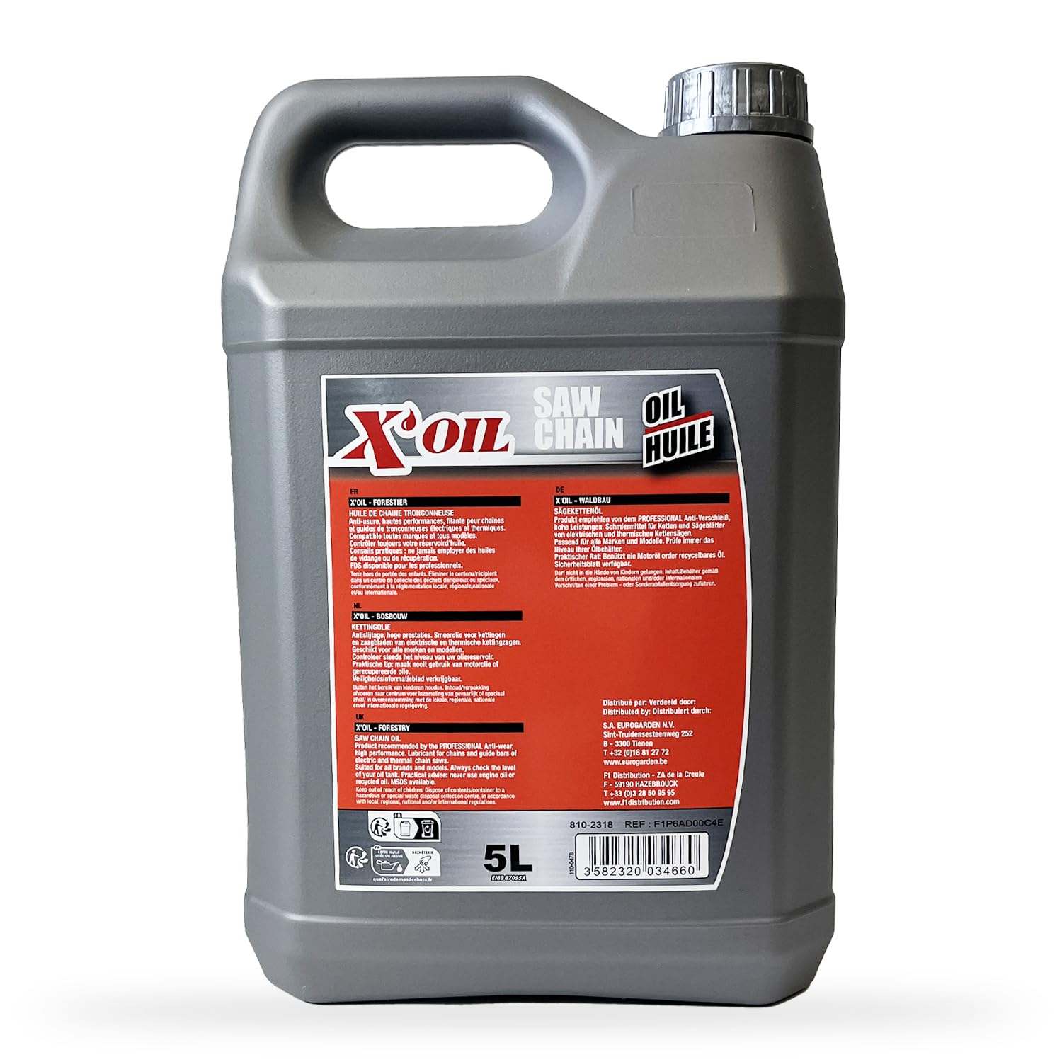 X'OIL - Huile Chaîne Tronçonneuse - Pour Chaînes et Guides - Haute Performance - Anti-Usure - Super Filante - Indice Viscosité 97 - Viscosité Cinématique de 100mm²/s à 40°C - Bidon de 5 L
