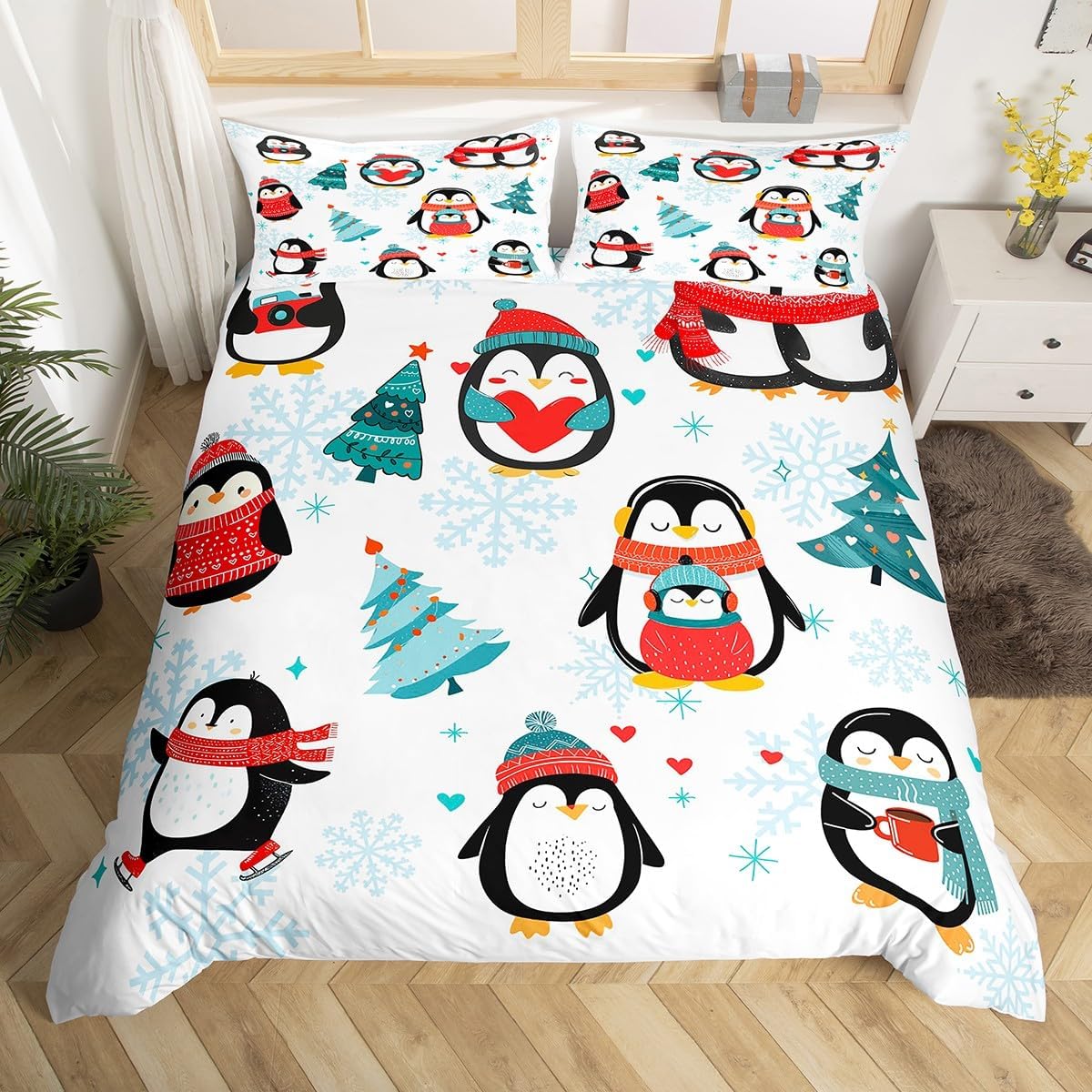 Cartoon Penguin Decorations,Winter Snowflake Happy Xmas Theme Duvet Cover for Kids Boys Girls Teens,Christmas Tree Bedroom Decor Comforter Cover Full
