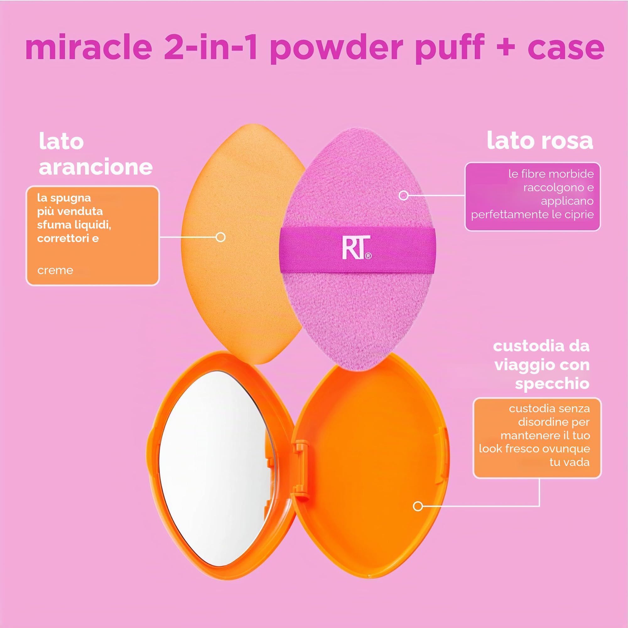 Real Techniques Miracle Puff+custodia da viaggio 2-in-1, per miscelare il trucco su entrambi i lati, fascia elastica, 2 pezzi