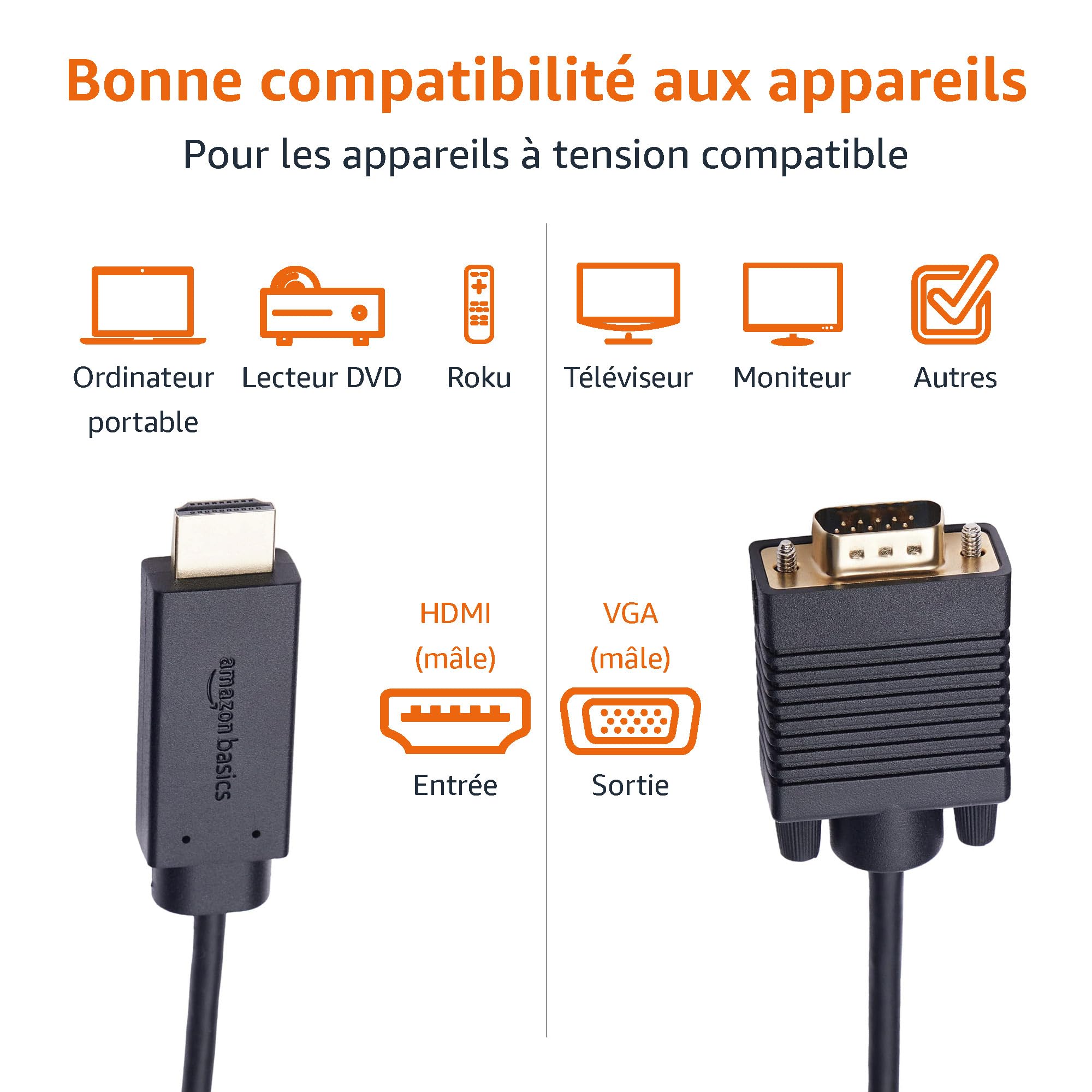 Amazon Basics Câble HDMI vers VGA 6 Feet Noir Plaqué Or