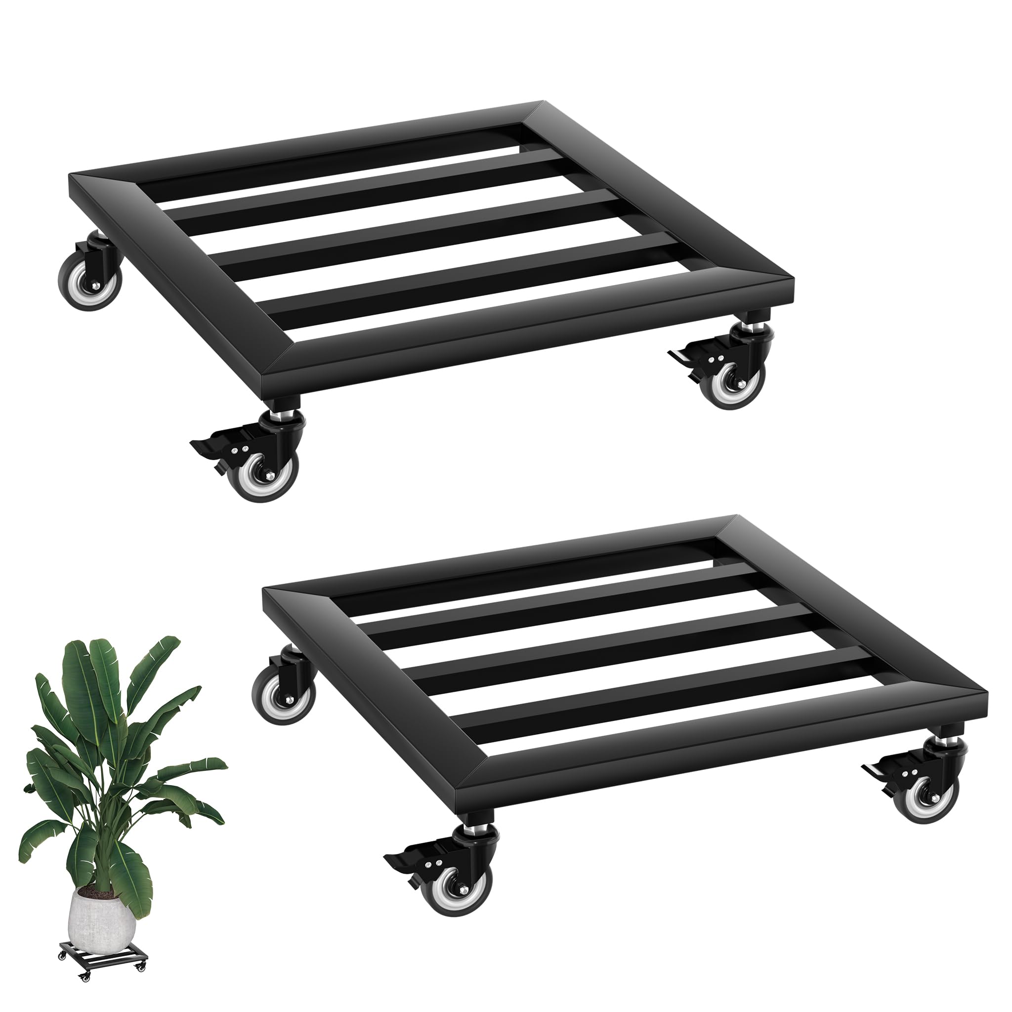 TATIVALO 2er Set Pflanzenroller Metall Blumenroller, 30 cm Quadratisch Blumentopfuntersetzer mit 4 Lenkrollen für Innen- & Außenbereich, Garten, Quadratisch