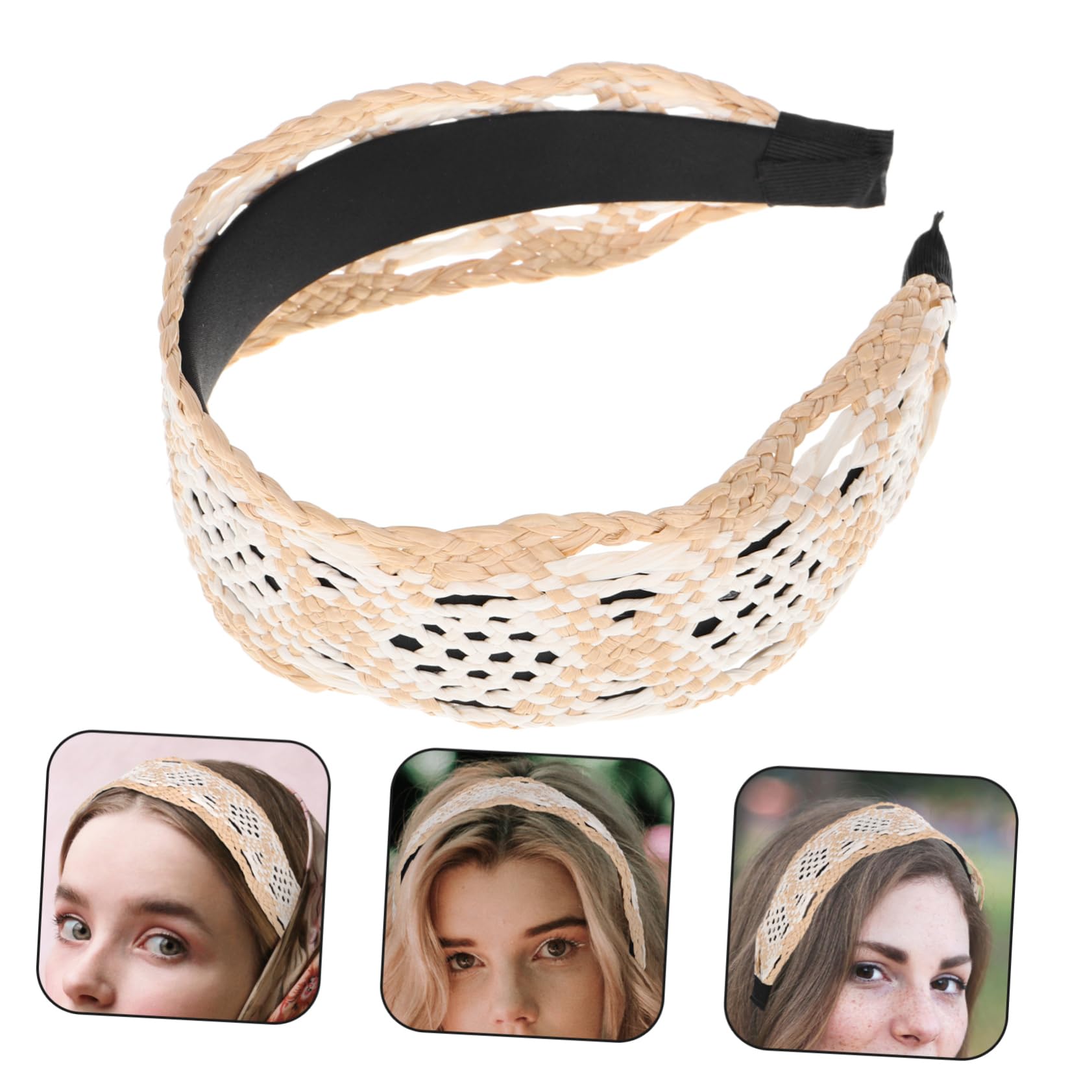 CALLARON Bandeau Large en Raphia Tissé pour Femmes, Accessoire Cheveux Vintage Beige, Style Bohème Élégant, pour Tenues de Plage et Occasions Diverses