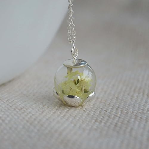 Miniatura 4 de Limonium - Collar de cadena de plata de ley 925 con colgante de flor real luminosa verde luminoso que brilla en la oscuridad, hecho a mano