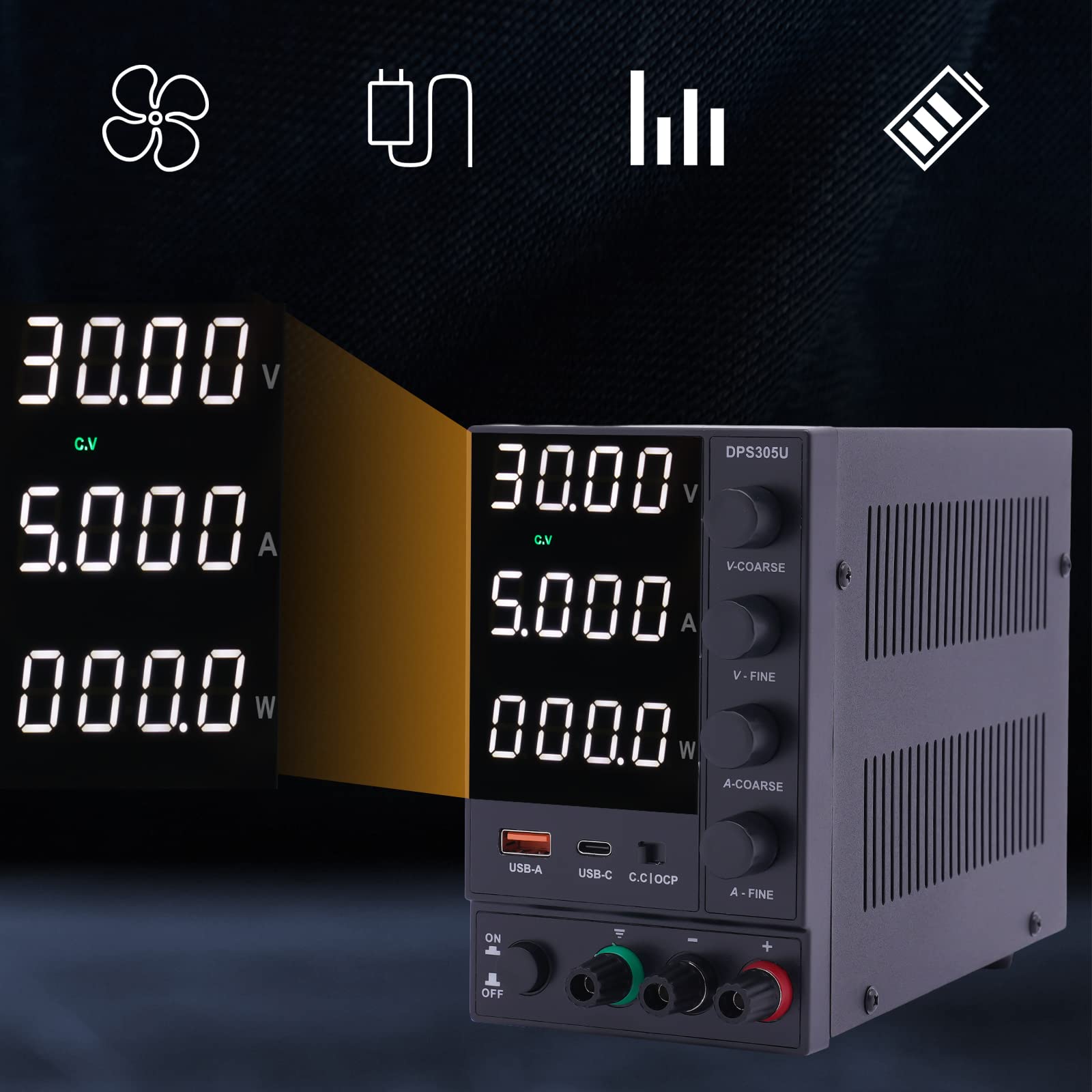 Fuente de alimentación de laboratorio (30 V, 5 A, regulable), con función de carga rápida USB, DC Power Supply