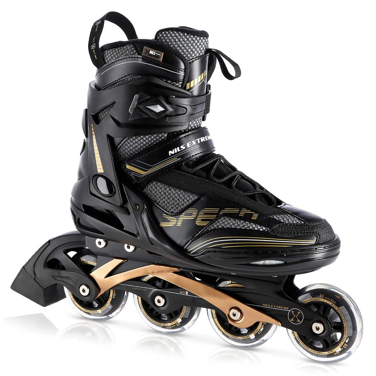Nils Extreme Inliner für Herren und Damen - Inline Skates - ABEC9 Chrome Kugellager – Rollerblades Erwachsene - 82A Rollen - Rollerskates 43 - Schwarz und Gold - NA2150