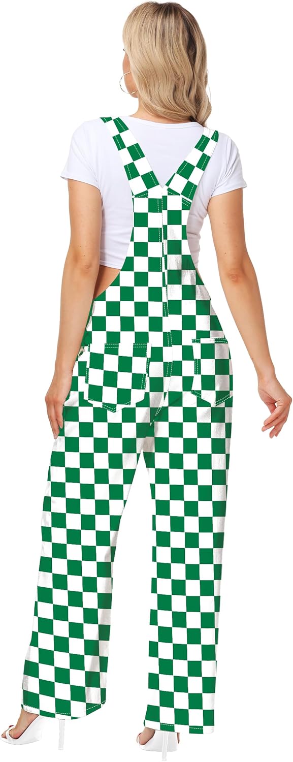 Womens Checkered Denim Bib Overalls Wide Leg Plaid Jean Pants with Pockets - Image 7