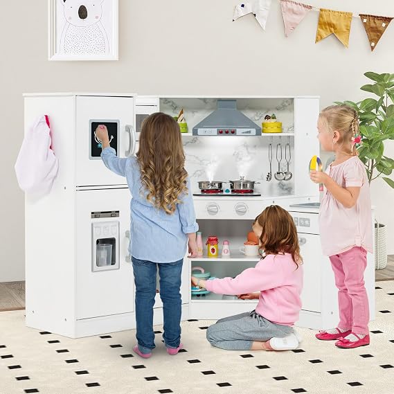 HOMASIS Corner Children's Wooden Play Kitchen with Light Sound & Steam Includes 16 Accessories Toy Kitchen with Sink Stove Oven Microwave Ice Maker Fridge Board Kitchen Play Set for Ages 3 and Up (White)