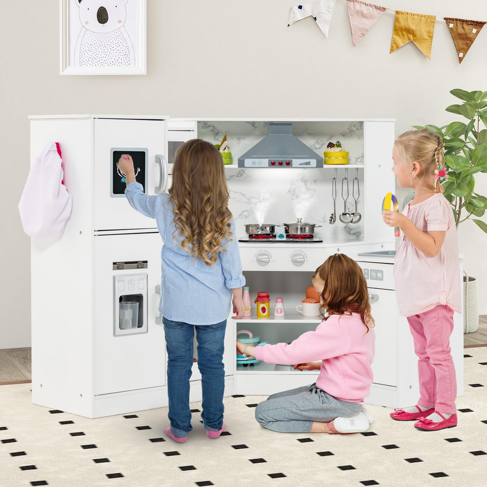 HOMASIS Cucina Angolare per Bambini in Legno, Cucina Giocattolo con Luci, Suoni e Vapore, Lavello, Fornello, Forno, Macchina del Ghiaccio, Frigorifero, Lavagna, per Bambini da 3+ Anni (Bianco)