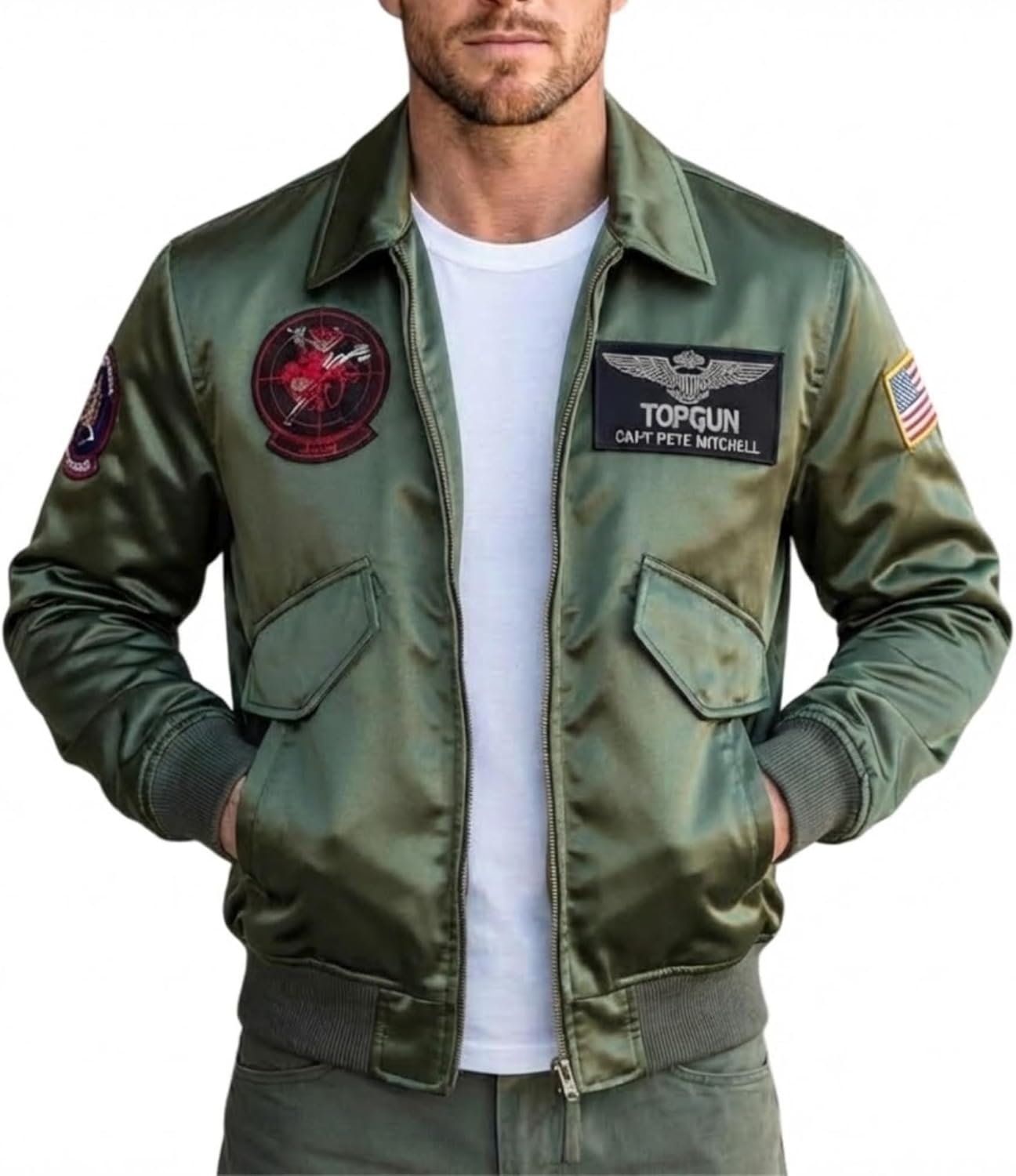 SBL SOUTH BEACH LEATHER Top Green Gun Satin Jacket - Cruise Maverick Tom Flight, Pilot, Bomber, Aviator - Halloween Men's