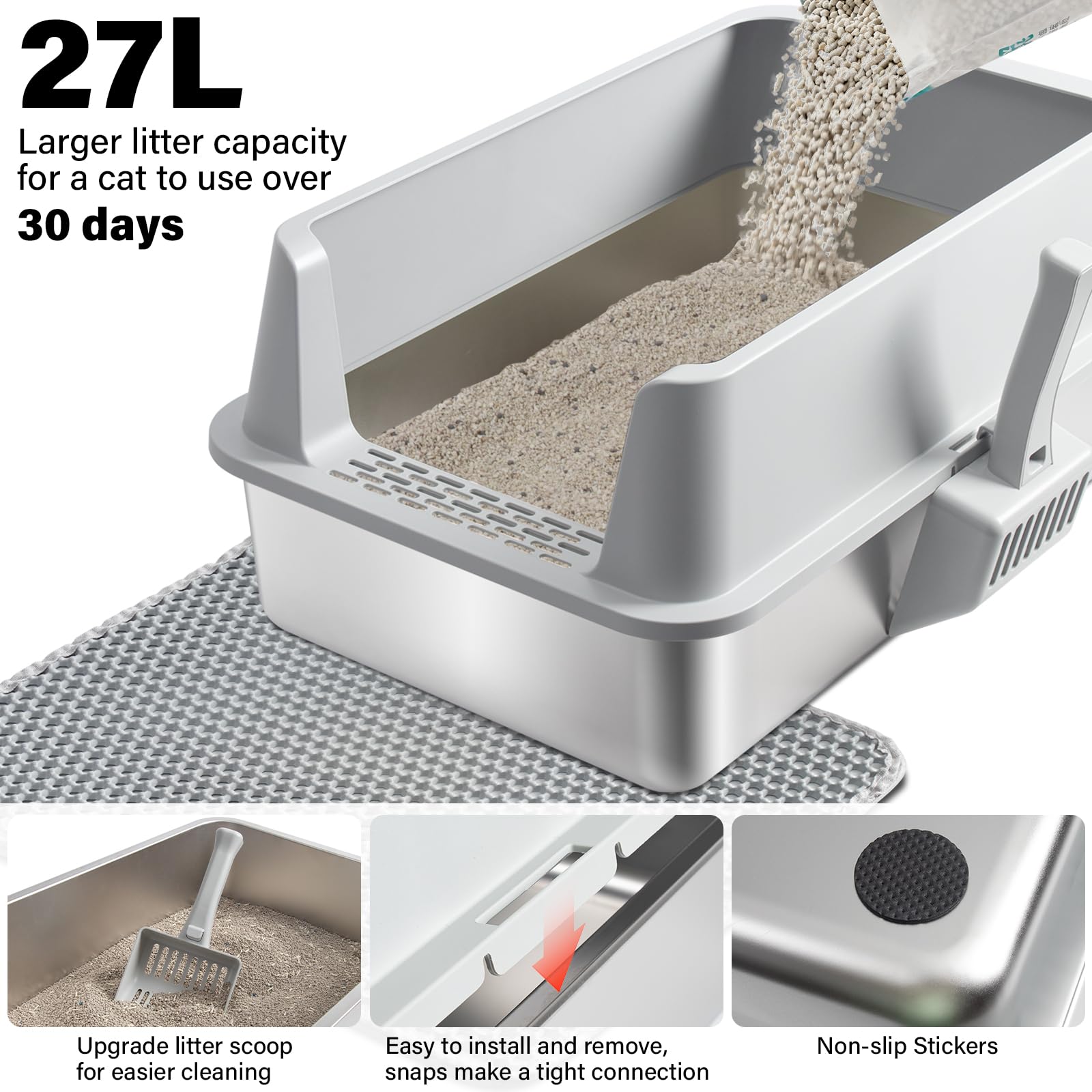 Stainless Steel Litter Box 2 Pack, Metal Cat Litter Box with Lid High Sides,XL Extra Large Litterbox for Big Cats,Non-Stick, Anti-Leakage,Easy to Clean,Include Litter Mat & Scoop,23x14.6x10in - image 7