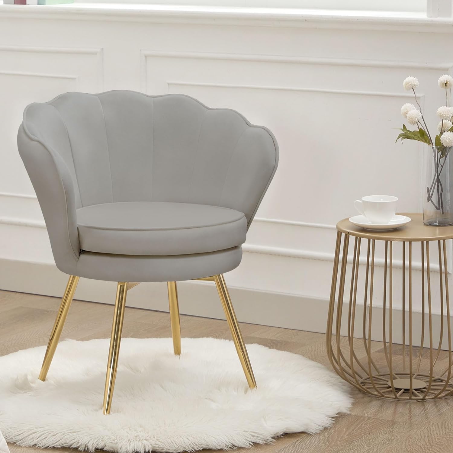Accent Chairs Set of 2, Velvet Vanity Chair with Back, Mid-Century Modern Small Accent Chair for Living Room, Golden Metal Legs Upholstered Makeup Chair, Bedroom Armchair, Grey