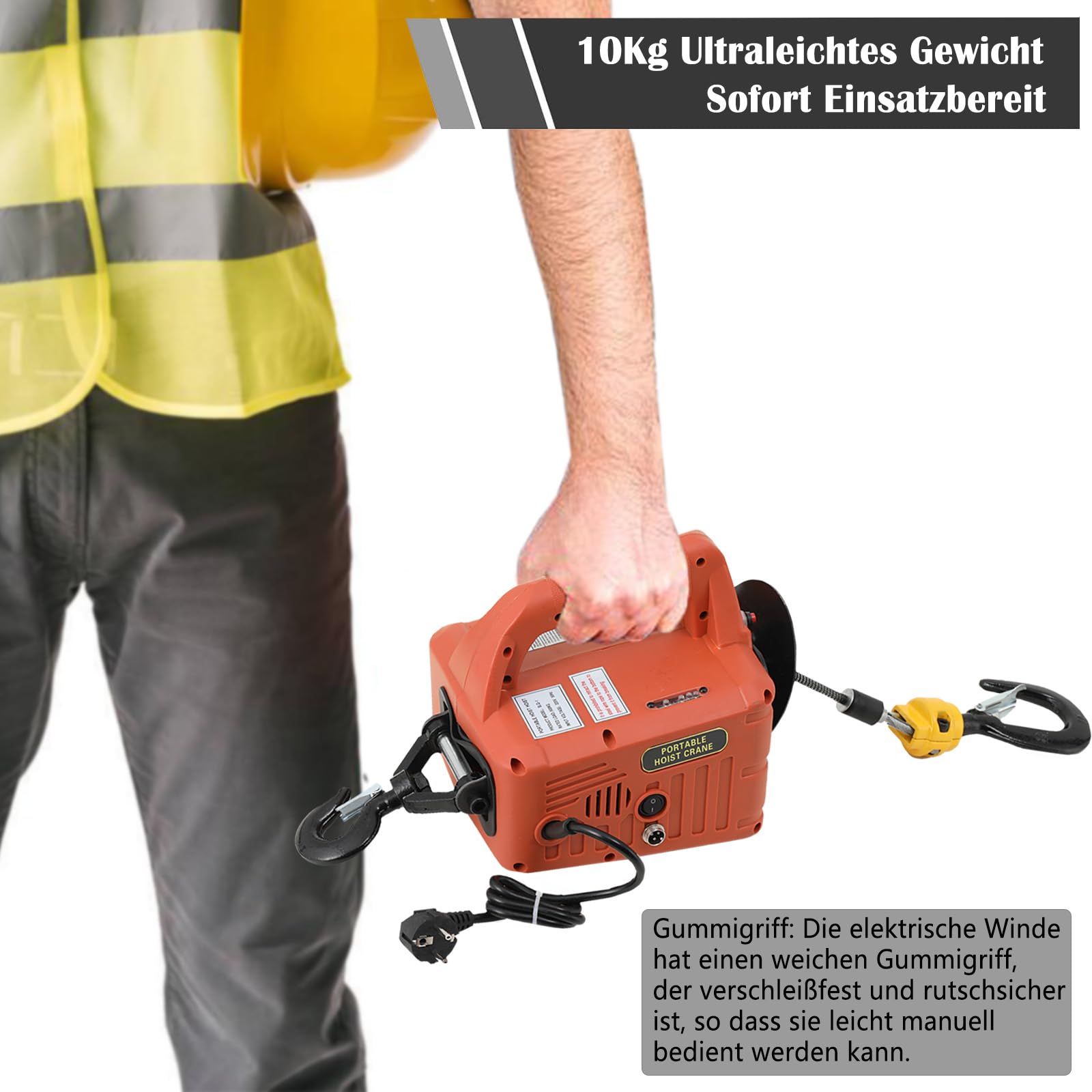Elektrische Seilwinde 500kg 1500W 230V Funkfernbed. Hub 7,6m | Tragbare Seilwinde 5m/min, mit Fernbedienung, für Garage/Baustelle.