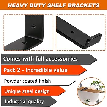 MLOQI 2 Pack Scaffold Board Shelf Brackets with Lips, 5mm Thick Heavy Duty L Wall Brackets for Shelves, Black Industrial Shelves Support (6