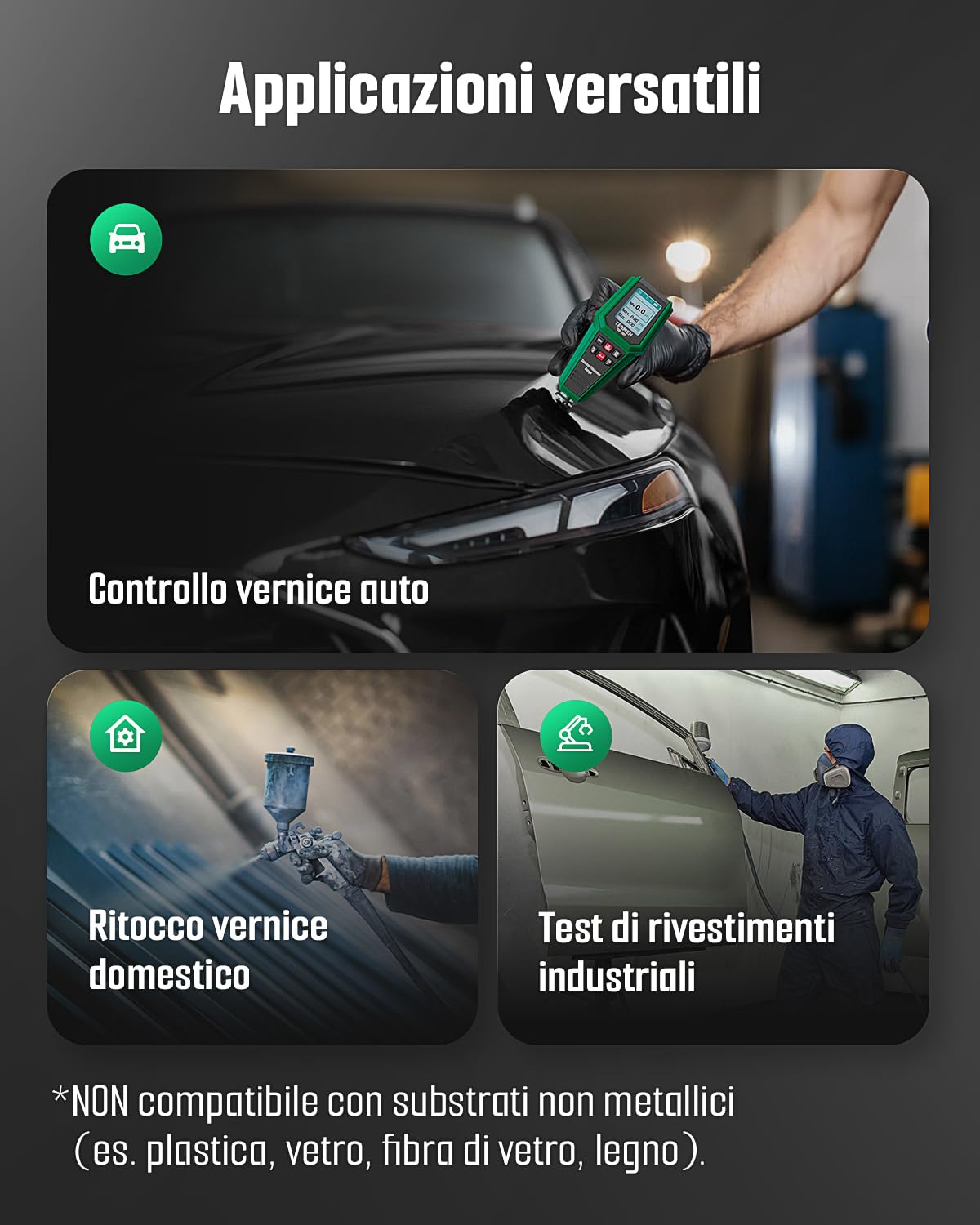 TESMEN TCG-2001 Spessimetro per Vernice Auto, Misuratore Digitale con Grafico a Barre, Schermo a Colori Retroilluminato 4 Vie, Allarme di Soglia, Sonda Fe/NFe – Verde