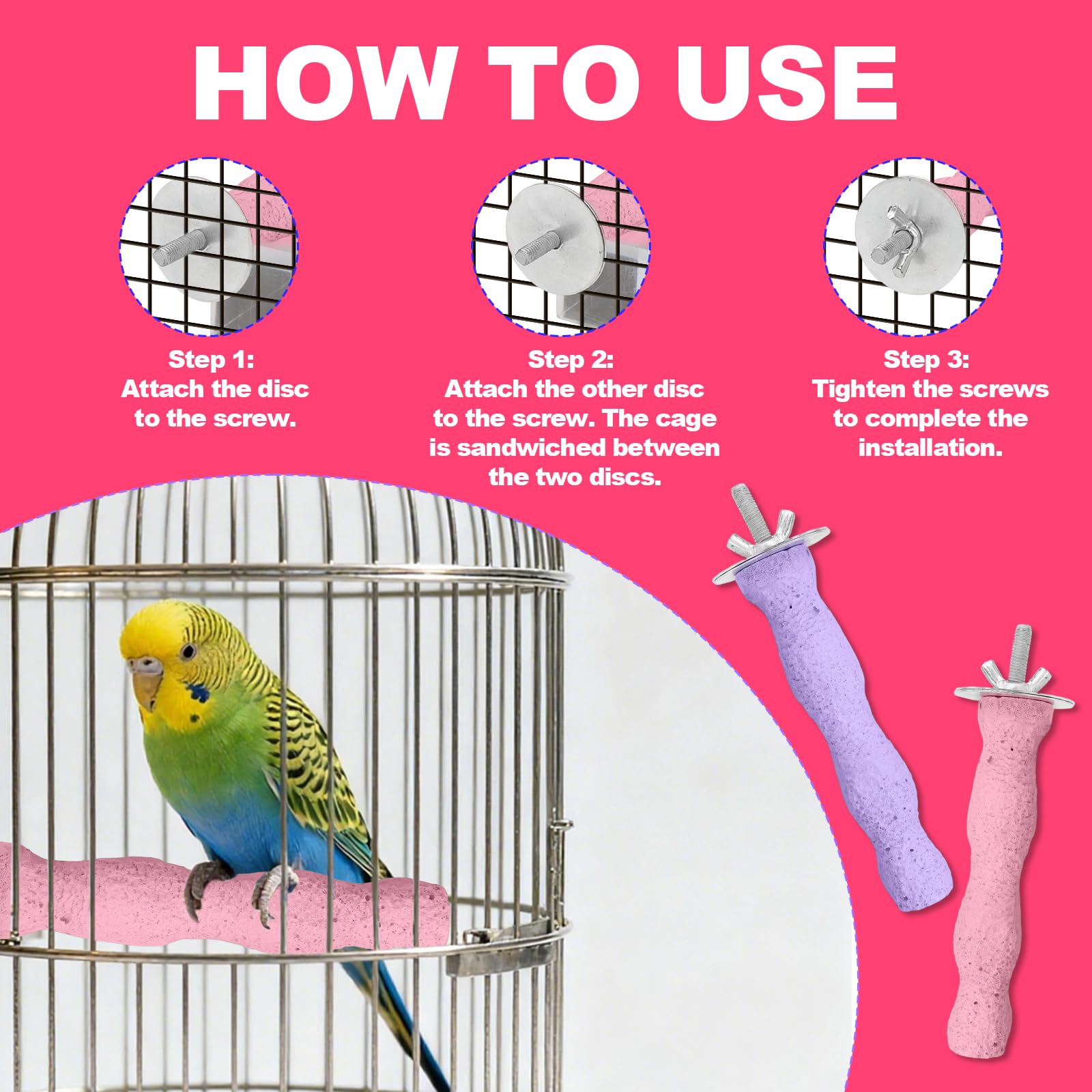 2pz Pietra per Affilare Becco Uccello, Resina Anti-Scadimento Becco Smerigliatrice Pietra Posatoi Uccello Pappagallo Gabbia Posatoio Supporto per Pappagallo Cacatua Gabbia (Rosa, Viola)