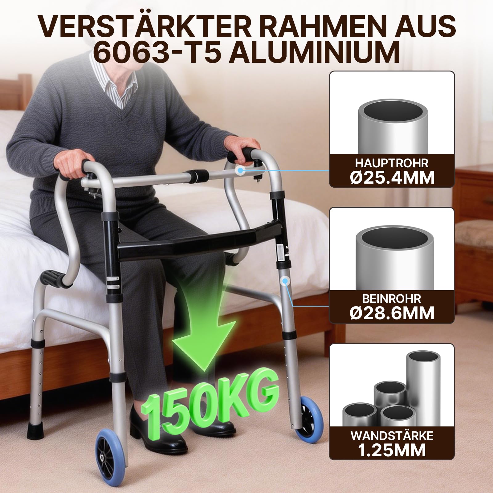 Składany wózek spacerowy z aluminium 6063-T5, regulacja wysokości (77-95 cm), tryb fix i wibracja 2 w 1, antypoślizgowe uchwyty, czteropunktowa stopka, obciążenie do 100 kg – pomoc dla seniorów i