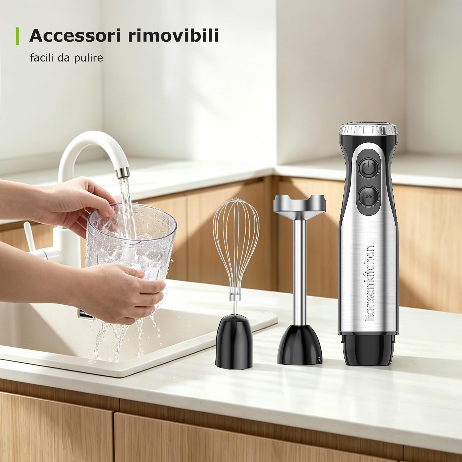 Bonsenkitchen Frullatore a Immersione 4-in-1, Piede in Acciaio Inox, 1000W
