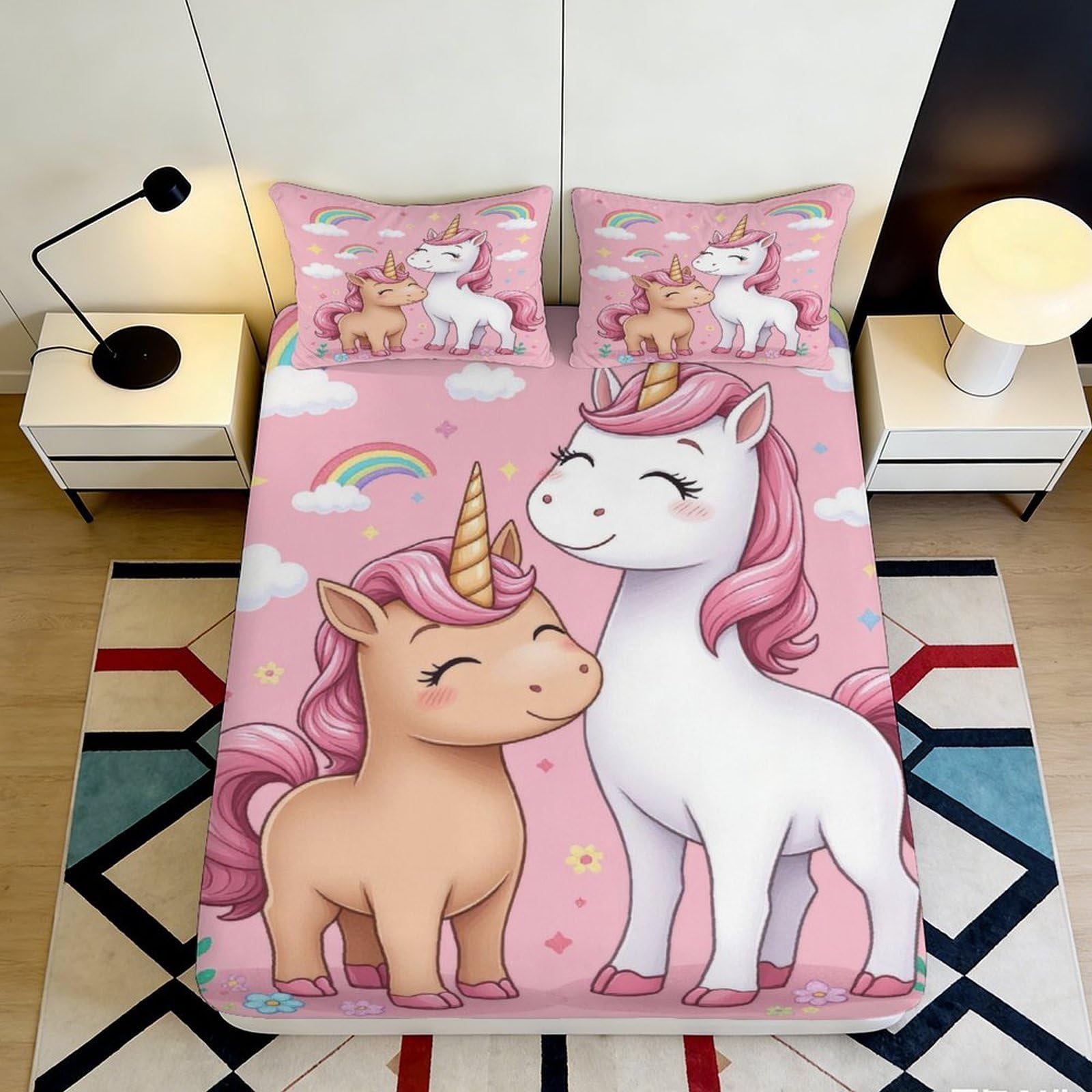 3D Printed Pink Unicorn Rainbow Fitted Sheet Microfiber Non-Slip Bed Cover for Bedroom Dorm Mattress Protection 90x200x25cm