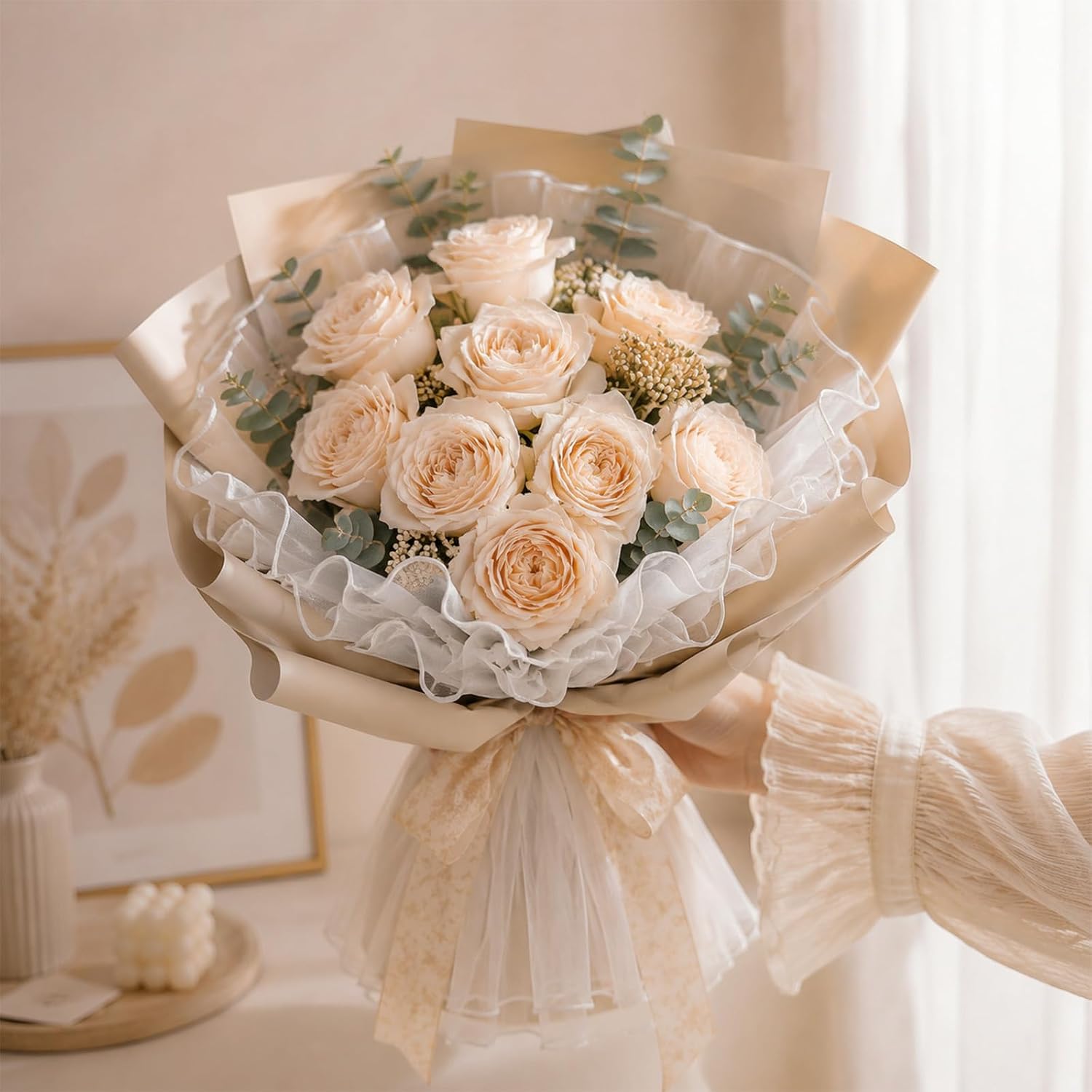 Skrfren 4 Yards White Mesh for Bouquets Flower Wrapping Paper Double Edge Wrinkled Translucent Bouquet Accessories for Floral Arrangement Valentine's Day Gift Packaging Wedding Decorations