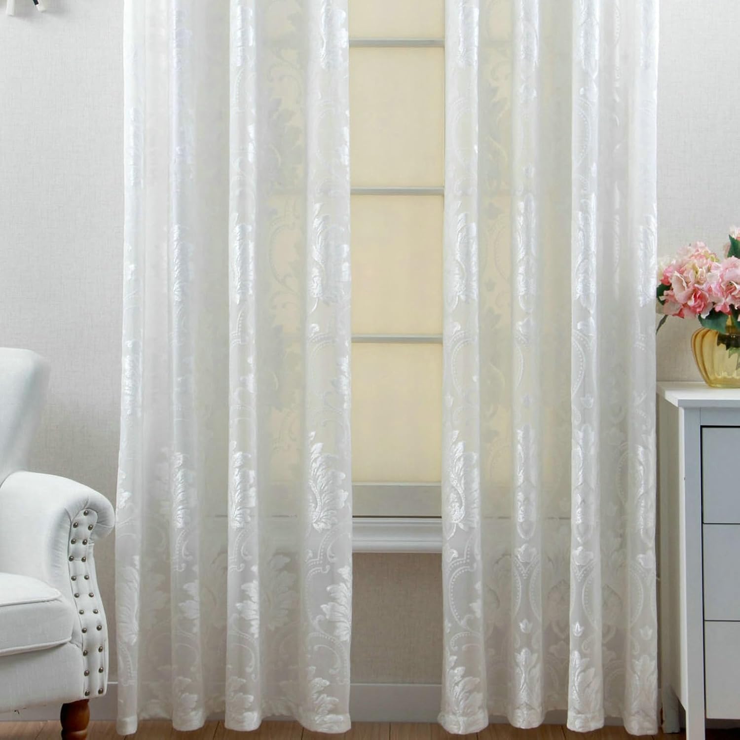 Daesar Voile Curtains 2 Panels Set, Polyester Grommet Transparent Curtains 52" W x 63" H Drapes Solid Color Vintage Flowers Pattern White Tulle Curtains for Bedroom Living Room