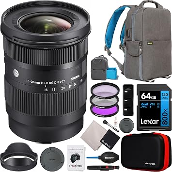 Sigma 16-28mm F2.8 DG DN Contemporary Lens for Sony E-Mount Mirrorless Cameras 206965 Bundle with Deco Gear Photography Backpack + UV Polarizer FLD Filter Kit and Accessories