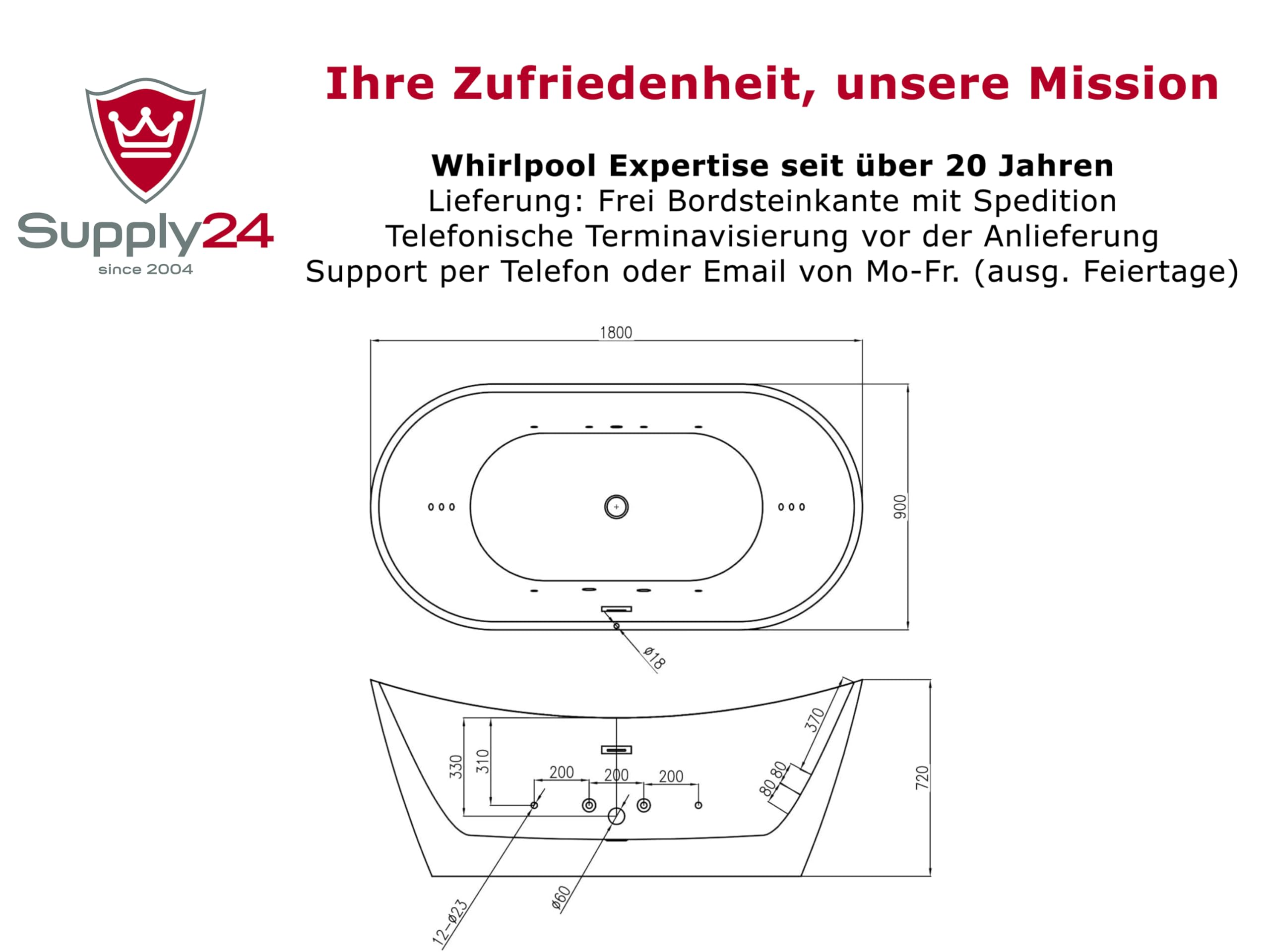Freistehende Luxus Whirlpool Badewanne Oslo – 180x90 cm – 12 Massage-Düsen, LED-Farblichttherapie, freistehend für 2 Personen, Hot Tub Spa Indoor – Ohne Armatur