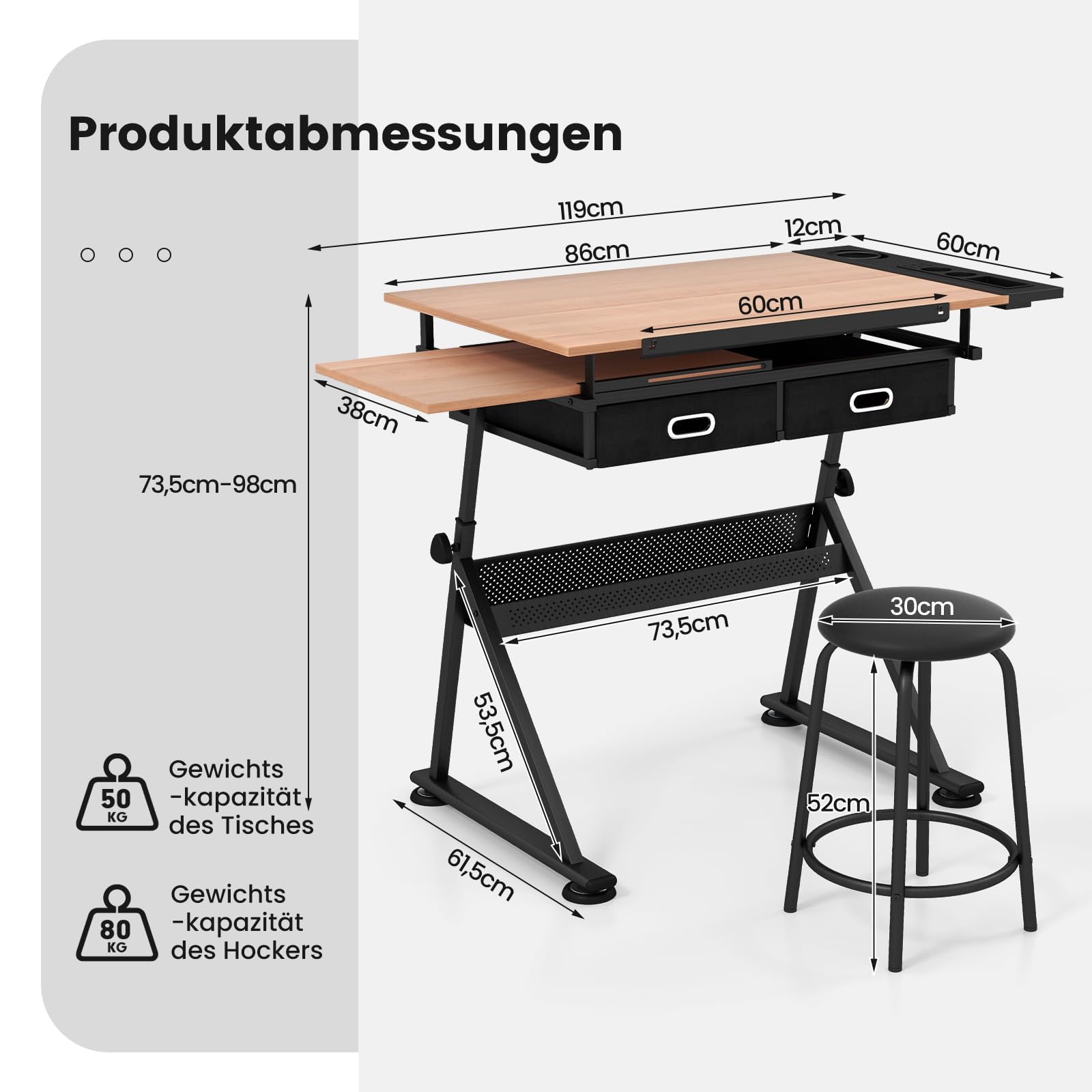 FANTASK Zeichentisch mit Hocker, Architektentisch höhenverstellbar, Schreibtisch mit neigbarer Tischplatte, Schülerschreibtisch mit 2 Schubladen, Arbeitstisch für Architekt & Künstler (Natur)