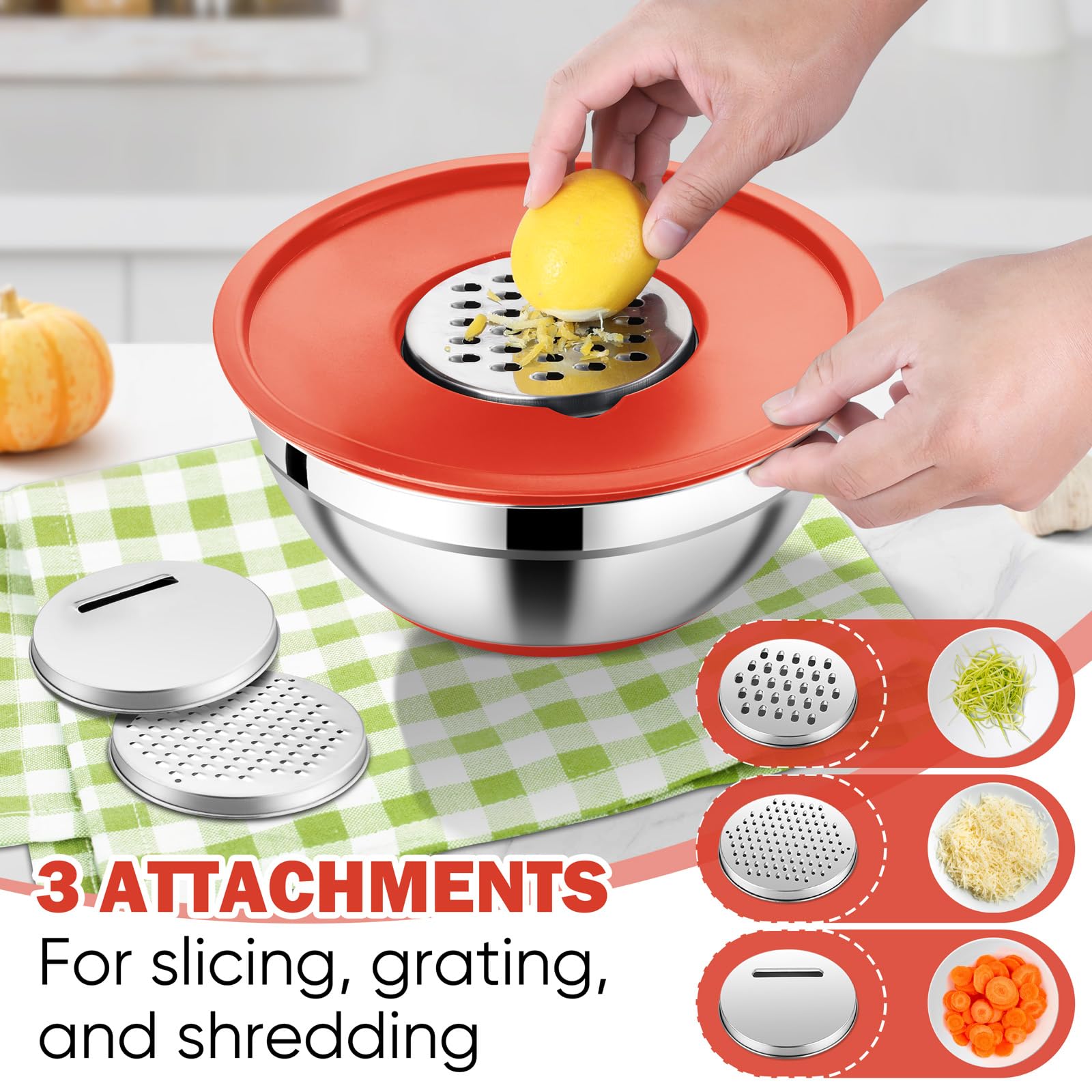 E-far Juego de cuencos para mezclar con tapa, 25 cuencos de acero inoxidable con accesorios de rallador, parte inferior antideslizante para cocinar, hornear, servir, almacenamiento de alimentos,