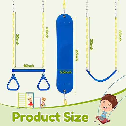 Miniatura 5 de El juego de 3 columpios incluye un anillo de gimnasio, barra de columpio de trapecio, 2 asientos, accesorios de repuesto para patio trasero de