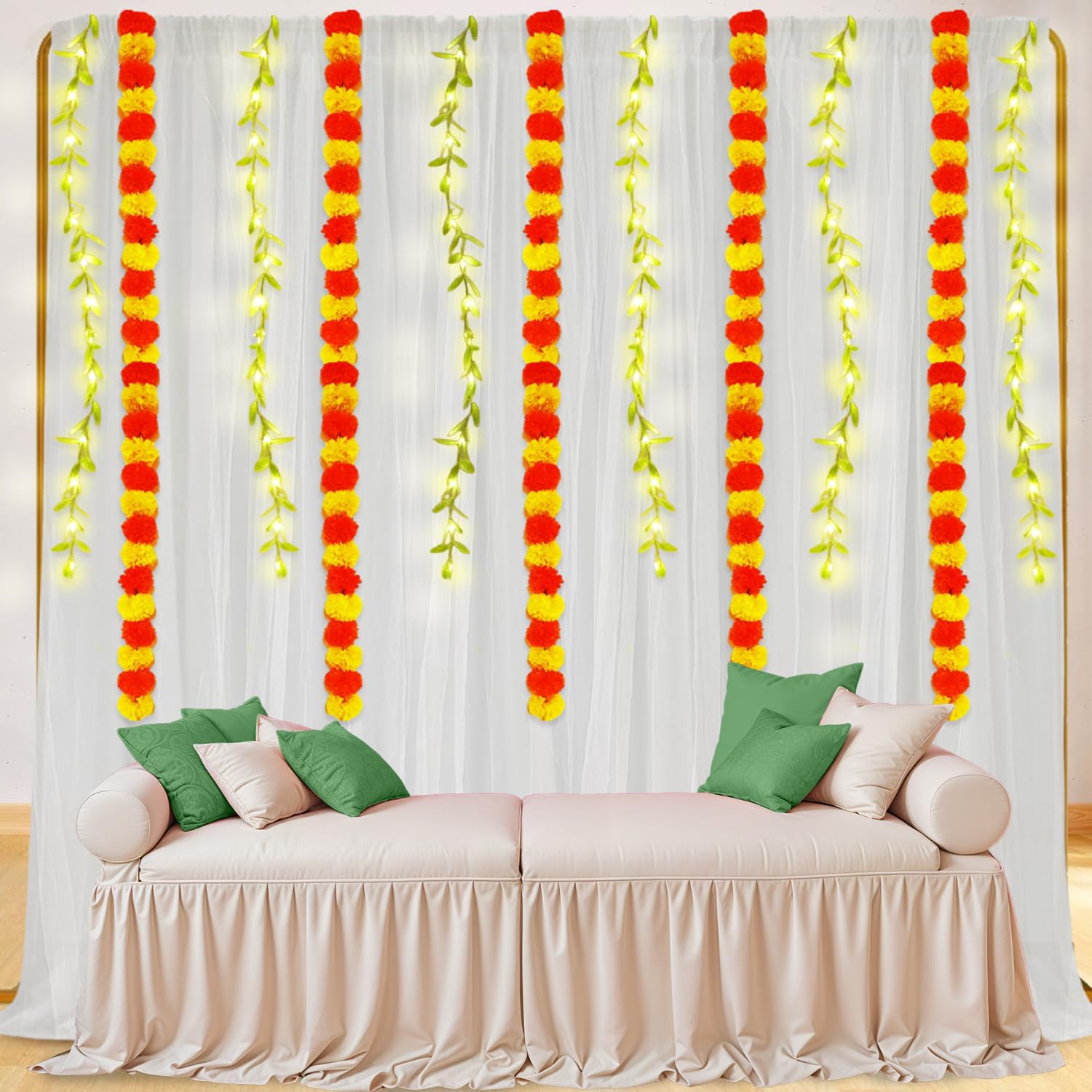 Party Propz Navratri Decoration Items, White Net Backdrop for Pooja Decorations with Leaf Lights for Decorations and Marigold Garland, Diwali Decoration for Home Decor (8Pcs)(Net)