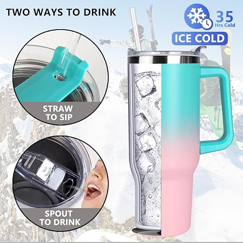 Miniatura 3 de SYACOT Vaso de 40 onzas con asa y pajita, vaso aislado de acero inoxidable, tapa a prueba de fugas y tapa con pajilla, taza de café de viaje