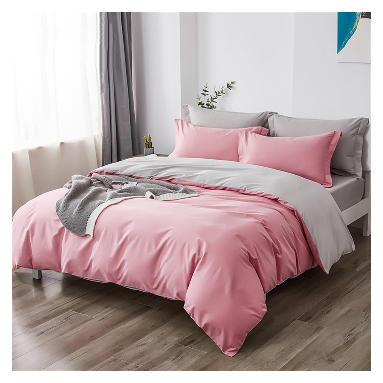Parure de lit 220x240cm en coton anti-transpiration avec housse de couette réversible rose et grise
