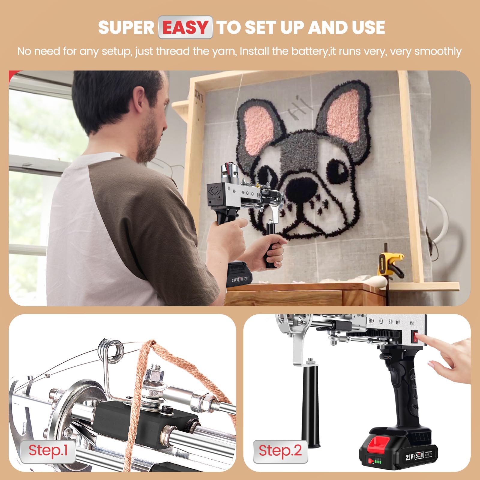 Riiai 2024 Upgrated Akku Tufting Gun, Tufting Gun Starter Kit mit 2×2.0Ah Batterie, Teppich Making Kit Cut Loop Stapel, Batteriebetriebener Teppich Tufting Gun Kit für Teppichherstellung