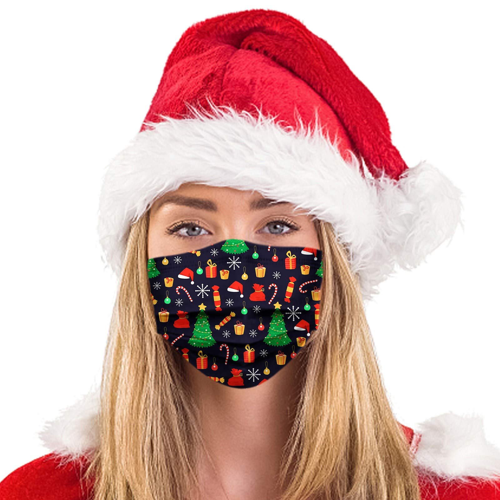 WAWEOOP Christmas Disposable Face Cover with Designs for Adults,3-Ply Printed Pattern with Nose Wire,50Pcs (Christmas 1)