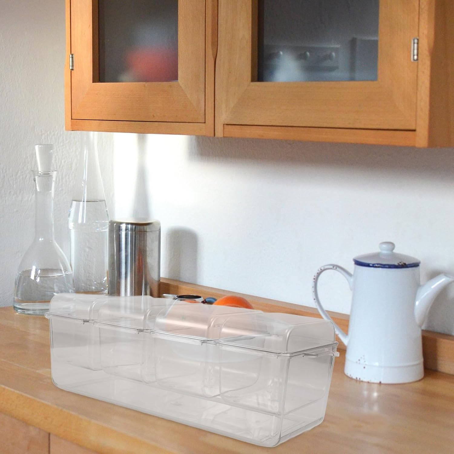 Chilled Condiment Server and Fruit Serving Tray with 4 Compartments and Lids, Removable Sections with 3 Tongs and Forks for Refrigerator Storage and Outdoor Salad Serving