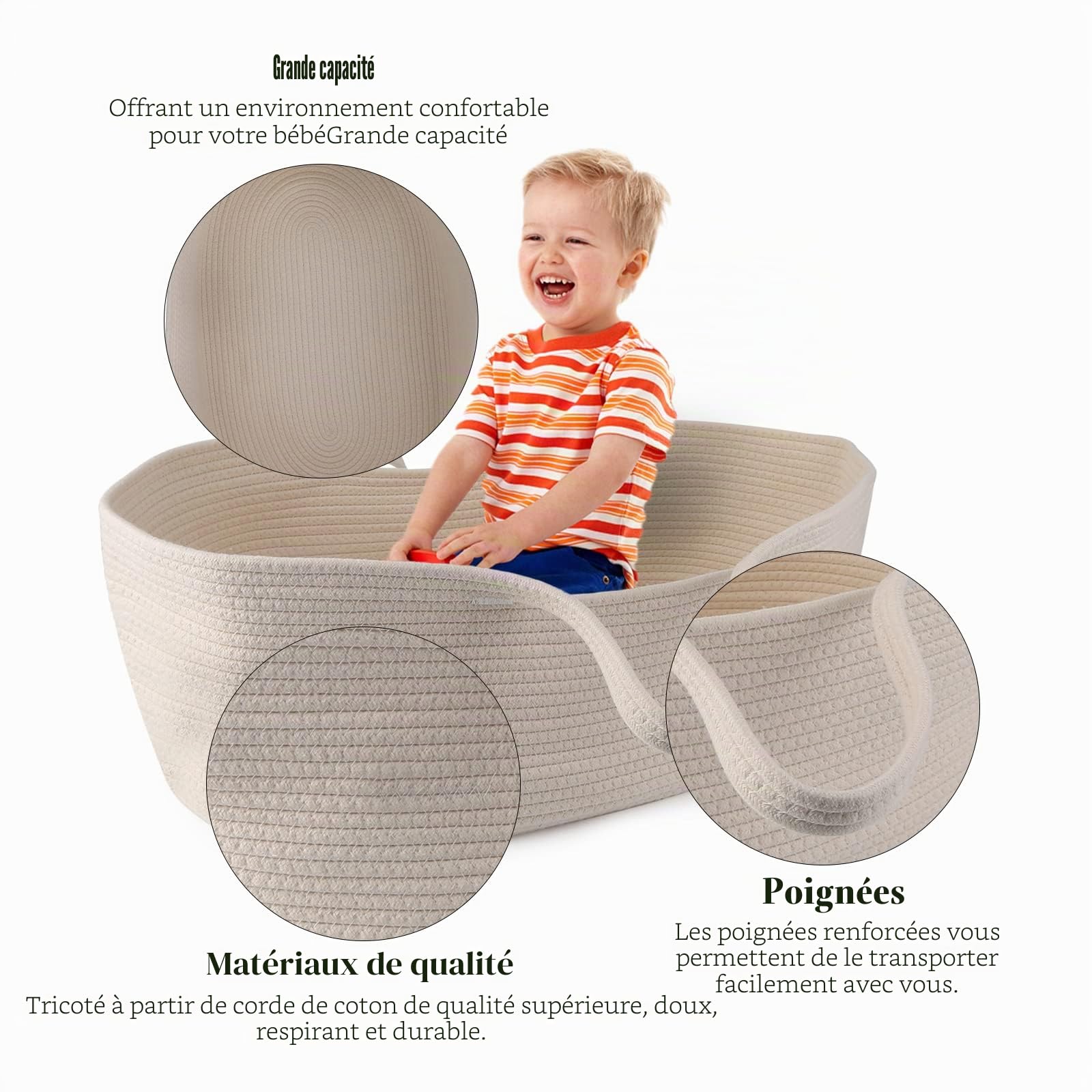 Panier pour bébé Moïse Lit portable en corde de coton pour enfant Sac de couchage pour l'extérieur Voyage Voiture