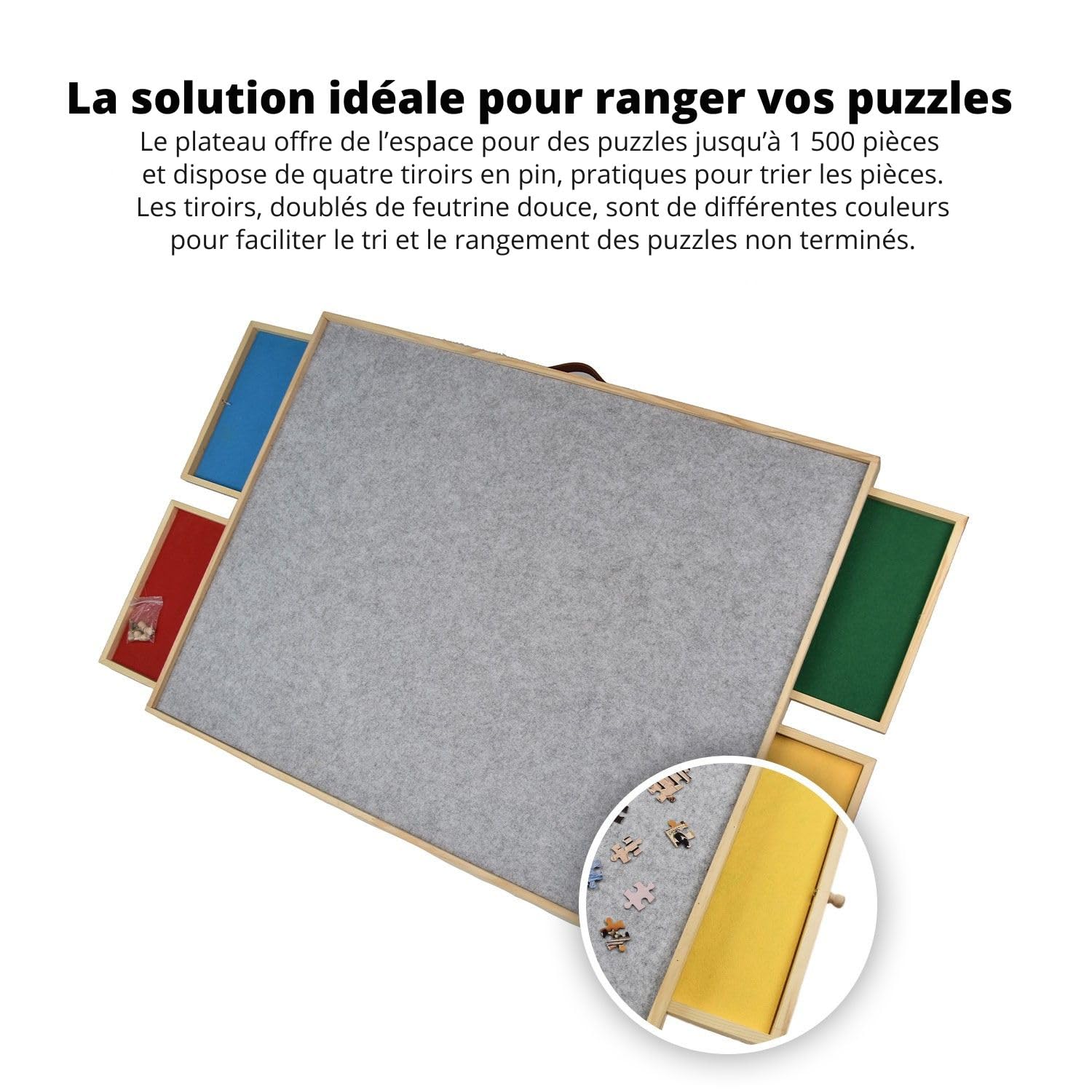 FlinQ Table de Puzzle Inclinable 1500 Pièces avec Plateaux de Rangement 4 Tiroirs Pliable 89x68 cm