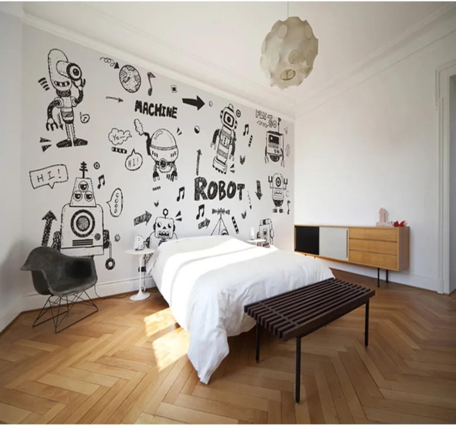 Tzxztt Cartoon Black and White Hand Drawn Lines Robot Modern 3D Wallpaper Premium Textured Silk Neutral Tones Material Ideal for Living Room Bedroom-430cm×300cm