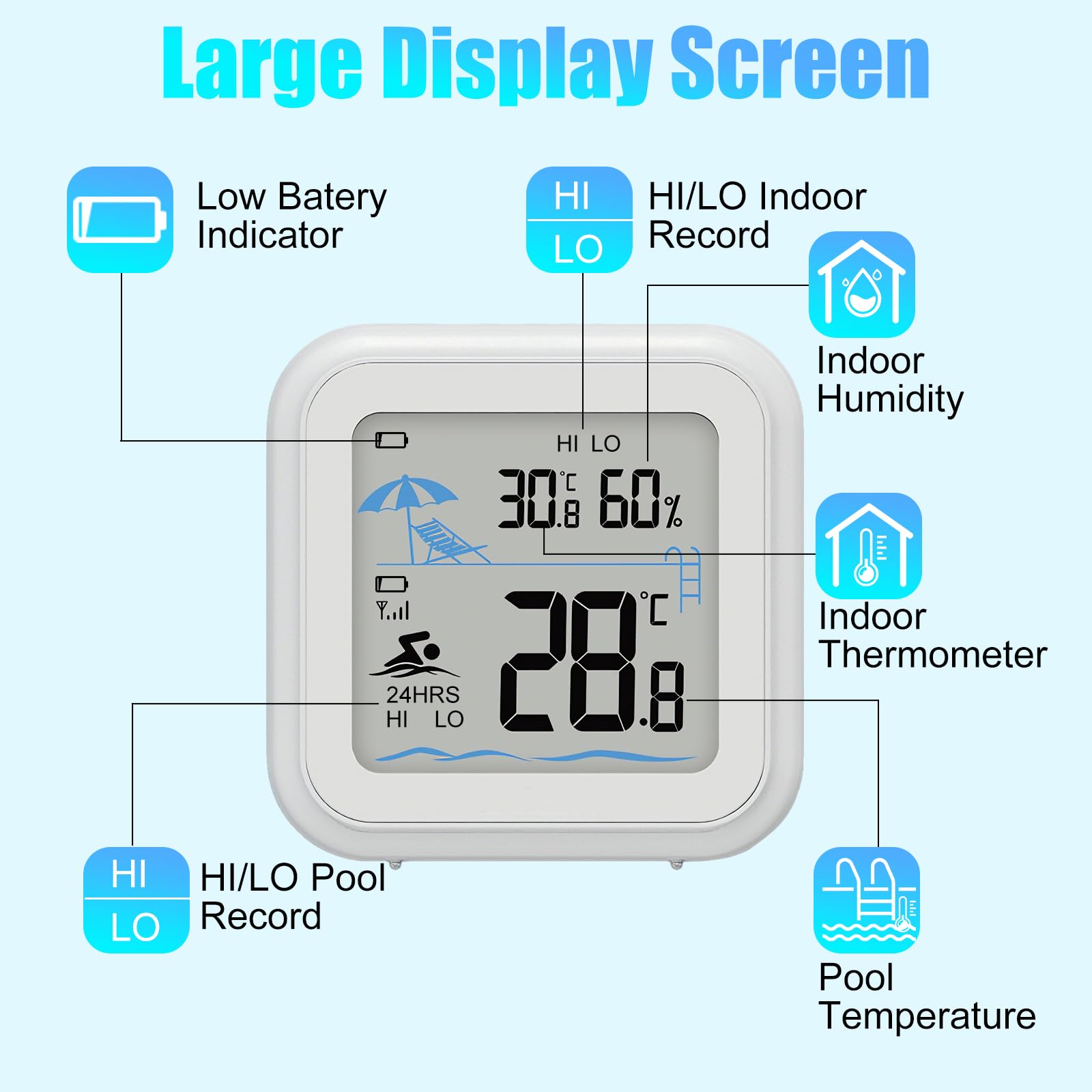 Termometro digitale per piscina, con ampio display | Portata di 60 m, visione a 360°, impermeabile IPX7, sensore ad alta precisione, adatto per piscine, vasche da bagno
