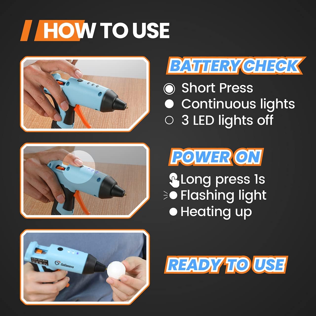 GoGonova Cordless Hot Glue Gun, Fast 15s Preheating Glue Gun, Smart Power-Off Melt Glue Gun Built-in 5000 mAh Li-ion Battery, Kit with 25 Pcs Premium Mini Glue Sticks and USB-C Charging Port : Tools & Home Improvement