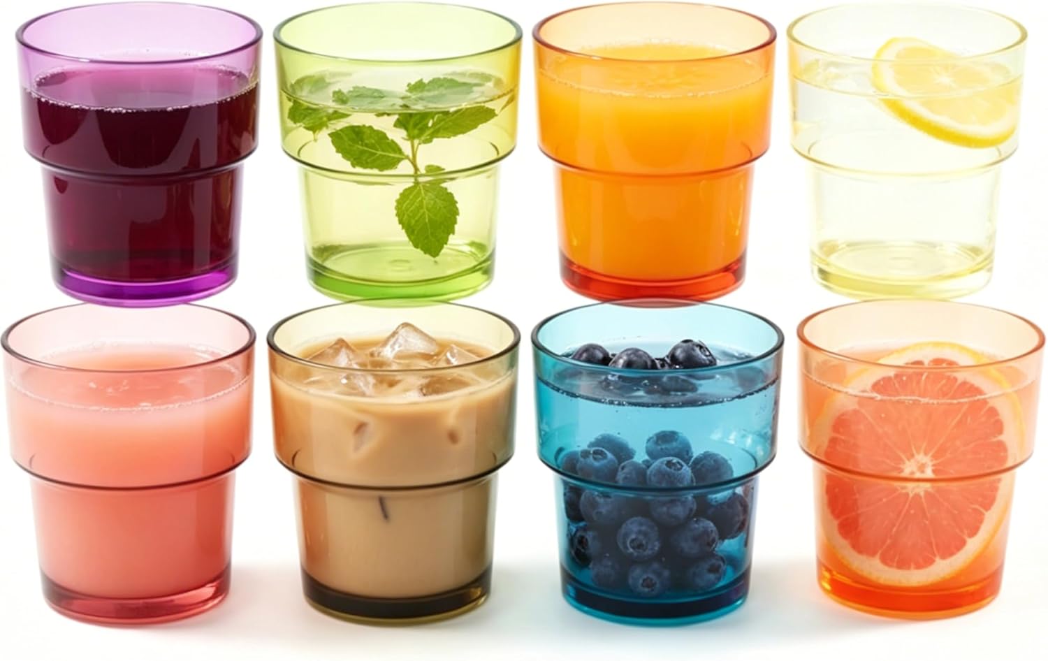 14 oz Plastic Stackable Drinking Tumblers, BPA-Free, Dishwasher Safe, Durable Shatterproof Reusable Kid Cups, Everyday Water/Juice Glasses for Indoor/Outdoor (Set of 8, Gift Box)