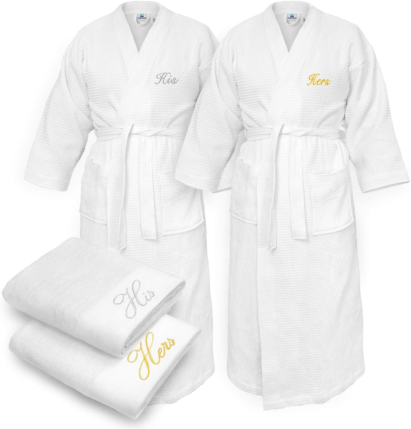 Kaufman - His and Hers Embroidered Elegant SPA Bathrobes 100% Cotton - Waffle Kimono Set of Robes with His and Hers White Towel Set 30''x58'' 4-PK