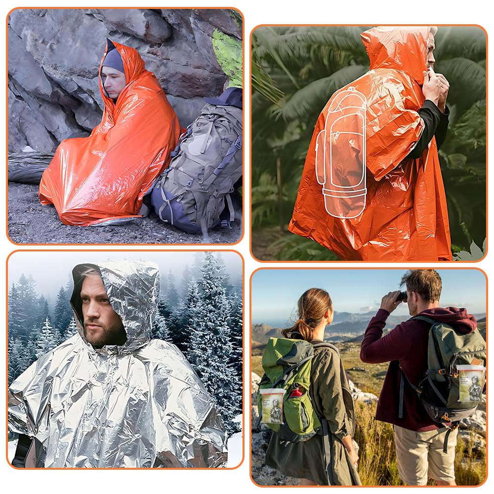WYAN 4PCS Poncho de Survie d'urgence avec Capuche + 4PCS Couverture Thermique Couverture de Survie Reutilisable - Thermique, Imperméable, Coupe-Vent pour l'extérieur, Randonnée, Premiers Secours
